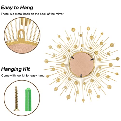 Gold Sunburst Mirror for Wall Decor Metal Sun Wall Mirror Decorative with Crystal Diamond for Living Room Bedroom Entryway Large Circle Mid Century Modern Starburst Wall Hanging 24 Inch