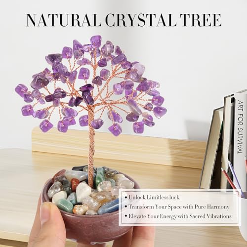 Amethyst Crystal Tree with Ceramic Base,Natural Gemstone Feng Shui Money Tree for Wealth,Good Luck & Positive Energy,Handmade 5 Inch Healing Abundance Bonsai for Home Office Decor - color: Amethyst Vase Tree-2