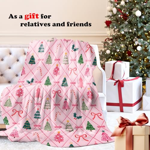 Coquette Pink Bow Christmas Throw Blanket for Couch, Preppy Christmas Decor, Pink Girly Xmas Tree Candy Cane Throw Blanket for Girls Bedroom Living Room Decoration, 50x60 Inches - color: Color_17