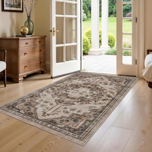 Joydeco 3x5 Area Rugs Vintage for Living Room, Light Coffee | Non Slip Machine Washable Low Pile for Living Room Bedroom Dining Room Home Office Pet & Child Friendly - color: Light Coffee, size: 3' x 5' (Rectangular)
