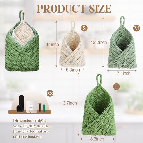 Honeydak Boho Decor Hanging Wall Baskets for Kitchen 3 Pack Teardrop Baskets with Hooks Storage Fruit Onion Vegetable Potato for Home 3 Sizes(Sage Color Palette,Triangle,Cotton Rope) - color: Sage Color Palette, size: Cotton Rope, style: Triangle