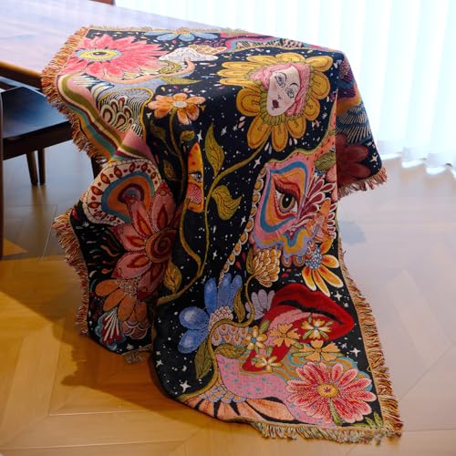 Hippie Flower Boho Throw Blanket for Couch Bed Chair Lounge Hippie Room Decor Reversible Cotton Woven Whimsical Throw Blanket Witchy Room Decor Throws Bed Spread Outdoor Camping Blanket 51x59 Inches - color: Woven Hippie Girl
