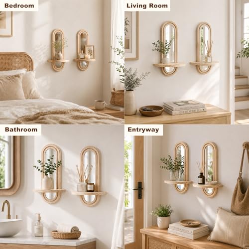 Artilady Floating Shelves with Arched Mirror, Boho Wall Decor Farmhouse Wood Wall Mounted Shelf for Bathroom Bedroom Living Room Wall Art (Beige with Mirror) - color: Beige With Mirror