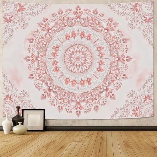 Accnicc Pink Floral Mandala Tapestry Wall Hanging Boho Medallion Tapestry Aesthetic Watercolor Flower Cute Extra Large Tapestries for Bedroom Living Room Dorm Decor 90 x 68 Inch - color: Light Pink, size: 90"L x 68"W