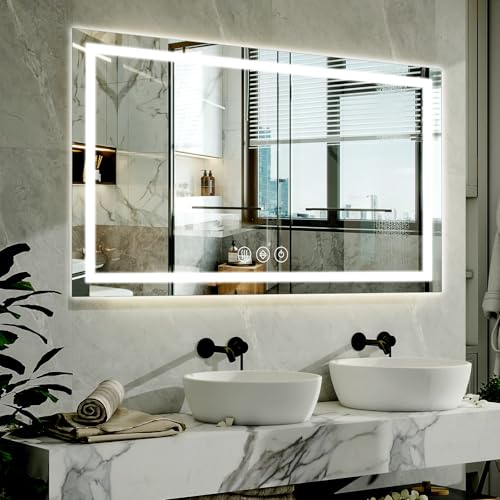 XRAMFY 40"x 60"LED Bathroom Mirror, Backlit + Front Lit, LED Bathroom Mirror with Lights for Wall, 3 Colors, Anti-Fog, Dimmable Brightness, Tempered Glass - size: 40"L x 60"W