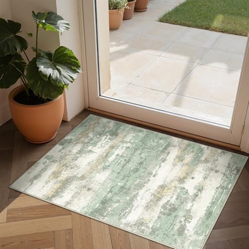 BEIMO 1'5''x2'5'' Rugs for Entryway Entrance Kitchen Bathroom, Machine Washable Modern Abstract Rug, Small Soft Low Pile Indoor Floor Mat with Non Slip Backing, Light Green - color: Light Green/Cream, size: 1'5'' x 2'5'' (Rectangular)