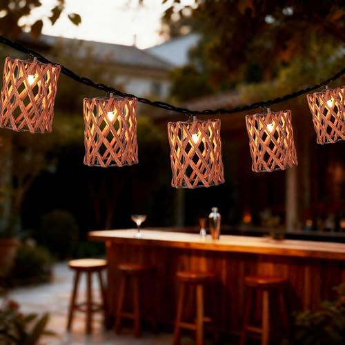 Decorative String Lights Plug in with 10 Incandescent Bulbs, Handwoven Rattan Cylinder-shaped Boho Lantern String Lights Connectable Weatherproof Outdoor Indoor for Bedroom Patio Pergola Decor (Brown) - color: Brown