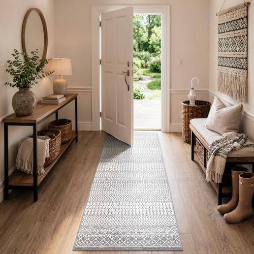 Hallway Runner Rug 2x6, Ultra Soft Ivory Gray Moroccan Distressed Kitchen Runner Rug with Rubber Backing, Washable Low-Pile Boho Runner Rugs for Bedroom Bathroom Laundry Room - color: Ivory / Gray, size: 2' x 6' (Runner)