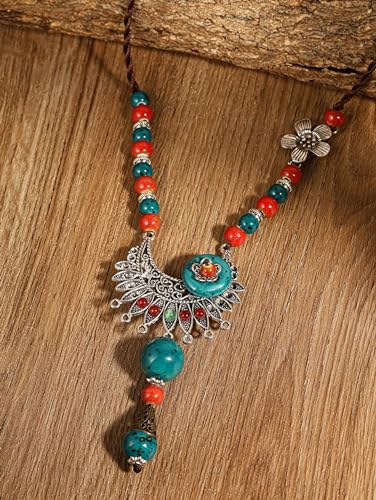 MINACHI Vintage Bohemian Colorful Ceramic Bead Antique Flower Y Necklace, Vintage Boho Hippie Statement Jewelry Gift for Women - color: S02A