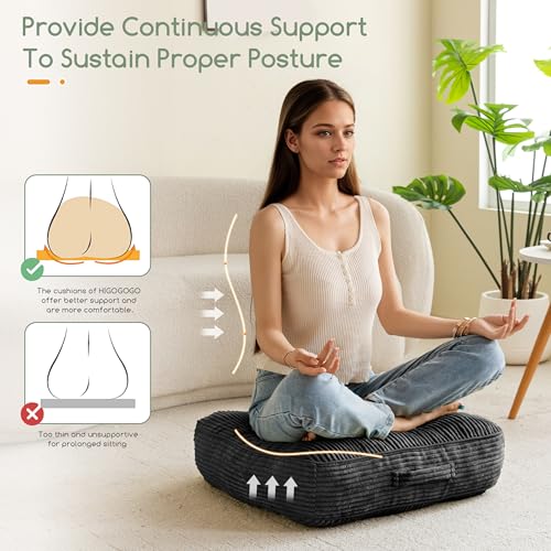 HIGOGOGO 6" Extra Thick Floor Pillow Cushion for Adults, Meditation Cushion Pillow, Large Square Floor Sitting, Tufted Corduroy Cover, for Tatami Living Room or Yoga, 22x22 Inch, Black - color: Square Black, size: 6" Thick(Pack of 1)
