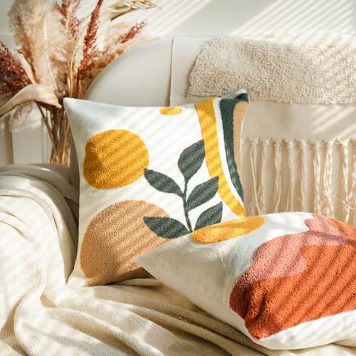 Boho Abstract Decorative Pillow Covers 18x18,Soft Mid Century Floral Woven Tufted Neutral Pillowcase for Couch Bed Sofa Bedroom,1 PC - color: Yellow，green