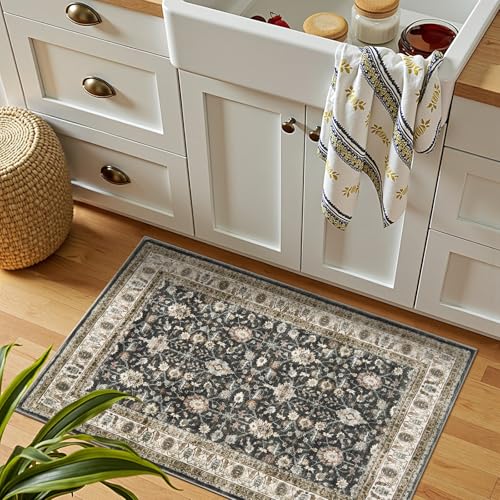 jinchan 2x3 Washable Vintage Floral Rug, Distressed Traditional Entryway Rug, Soft Low-Pile Non-Slip Accent Mat for Indoor Foyer, High-Traffic Kitchen Sink Laundry Room, Black - color: Oriental Taupe on Black, size: 2' x 3' (Rectangular)
