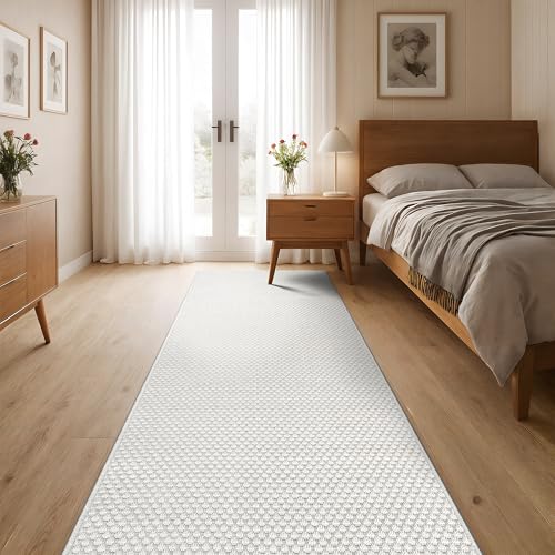 CAMILSON Indoor and Outdoor Runner Rug Off-White Solid Woven Design Easy-Cleaning Non Shedding Farmhouse Living Room Bedroom Garden Patio and Kitchen Washable Outside Carpet Alfombras (2x7) - color: Basketweave/Bone, size: 2' x 7' (Rectangular)