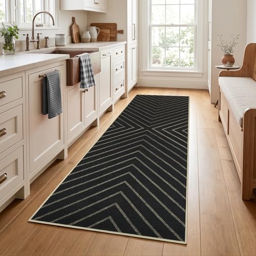 Garvee Easy Jute Rug 2x6 Runner Rug, Hallway Runner Stain Resistant Low Pile Thin Non Shedding Pet Friendly Carpet for Entrance Kithchen Bathroom Porch Striped Minimalism Area Rug 2'x6' Black - color: Striped|black, size: 2' x 6' (Runner)