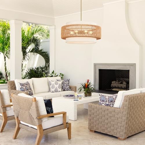 6-Light Boho Rattan Chandelier, 25.6" Large Rattan Pendant Light with Fabric Shade, Farmhouse Hand Woven Chandelier Hanging Ceiling Light for Dining Room, Living Room, Kitchen Island, Foyer, Hallway - size: 25.6" V-shaped weaving