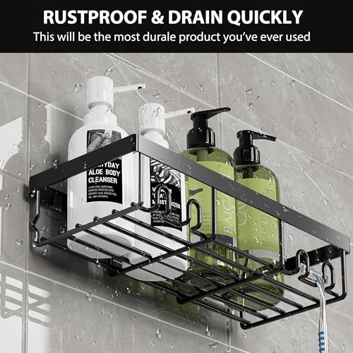 Moforoco Shower Caddy Shelf Organizer Rack, Self Adhesive Black Bathroom Shelves Basket, Home Farmhouse Wall Inside Organization and Storage Decor Rv Accessories, First Camper Apartment Essentials - color: Black, size: Medium
