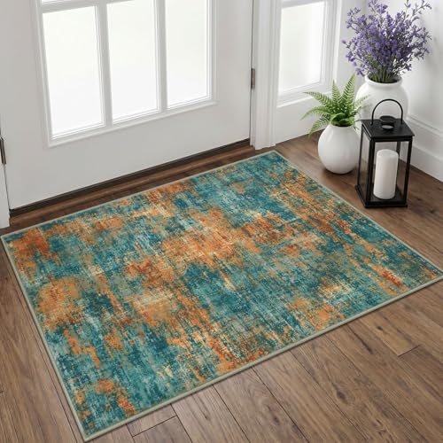 Lansny Abstract Small Area Rug 2x3 Entryway Rugs Washable Indoor Door Mat Entrance, Colorful Non Slip Kitchen Rugs, Throw Rug Printed Faux Wool Floor Carpet for Front Door Foyer Entry Sink - color: Vintage Teal / Orange / Rust, size: 2' x 3' (Rectangular)