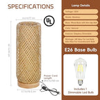 Behemian Bamboo Table Lamp, Dimmable Rustic Farmhouse Hand Wicker Desk Lamp Bedside Lamps Night Light Decorations for Bedroom, Living Room, Home Office, Nursery, Reading Nook (Bulb Included)