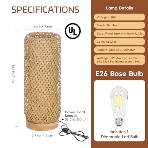 Behemian Bamboo Table Lamp, Dimmable Rustic Farmhouse Hand Wicker Desk Lamp Bedside Lamps Night Light Decorations for Bedroom, Living Room, Home Office, Nursery, Reading Nook (Bulb Included)