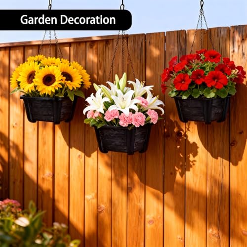 summer flower 3 Pack Hanging Planters for Railing, 9.84 Inch Plastic Window Box with Drain Hole Plug, Indoor Outdoor Flower Pots for Balcony Fence Garden Decor (Black) - color: Black