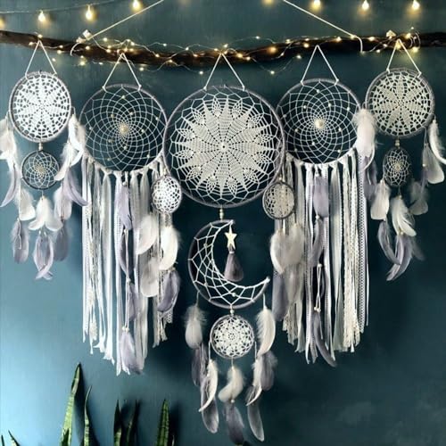 Set of 5 Boho, Hanging Large Boho Dream Catcher Wall Hanging Moon Dream Catcher Set Dream Catchers Wall Decor for Vintage Wedding Home Decorations (Grey) - color: Grey