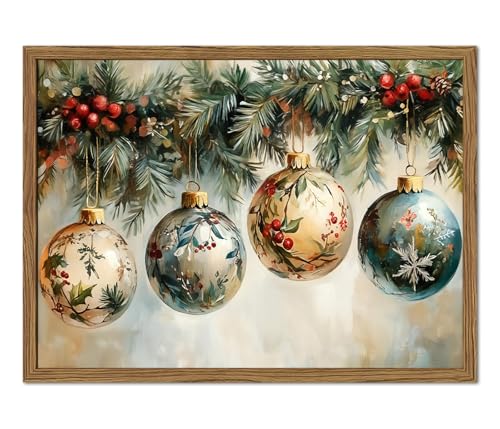 Framed Vintage Christmas Canvas Wall Art, Vintage Christmas Ornament Ball Wall Decor Paintings, Rustic Winter Holiday Pictures Prints for Living Room Bedroom Home Decoration 12x16 inch - color: Christmas-1, size: 16"L x 12"W