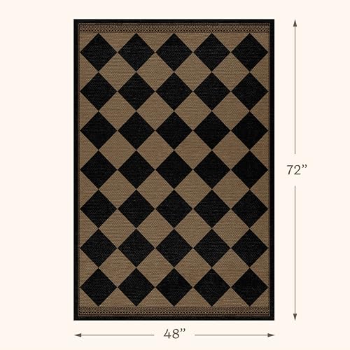 Black & Brown Checkered Easy Jute Outdoor Rug 4x6 for Porch Patio, Washable Non-Slip Diamond Checkerboard Entryway Office and Backyard Boho Border Rug, Farmhouse Low Pile Indoor Carpet for Living Room - color: Black Brown, size: 4' x 6' (Rectangular)