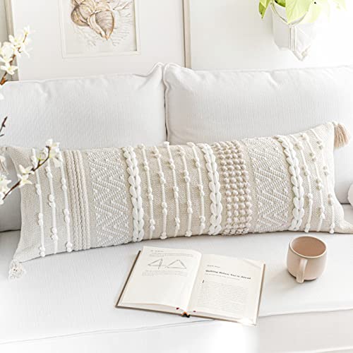 BlissBlush Cream Decorative Lumbar Throw Pillow Cover 14x36 Boho Long Cushion for Bed Neutral Beige White Accent Modern Farmhouse Pillowcase for Bedroom Living Room Couch Sofa Home Décor Cover ONLY - color: Cream White, size: 36" x 14" (Pack of 1)