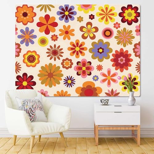 TOMPOP Tapestry Green 1960 Vintage Flowers 60S 70S Orange Hippie Home Decor Wall Hanging for Living Room Bedroom Dorm 50x60 Inches - size: 60"L x 50"W