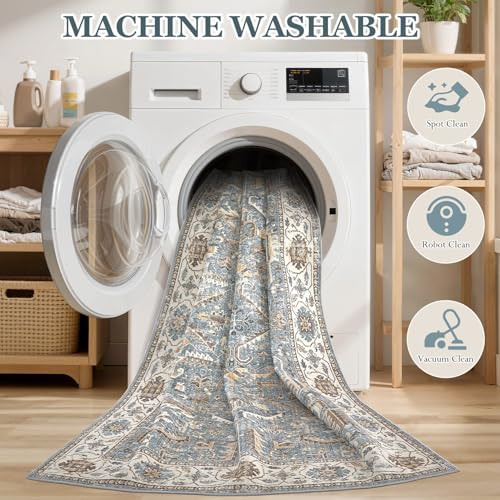 9x12 Area Rugs for Living Room - Washable Soft Large Vintage Rug Non-Slip Stain Resistant Traditional Stain Resistant Indoor Floor Low Pile Carpet for Bedroom Dining Room or Home Office - Blue Multi - color: Blue, size: 9' x 12' (Rectangular)
