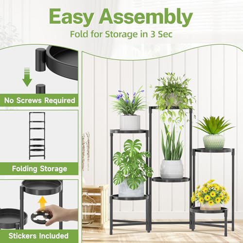 iDavosic.ly 6 Tier Large Plant Stand Indoor with Grow Light, Tiered Corner Metal Outdoor Flower Display Holder Shelf with 10 Inch Wide Tray, Folding Tall Rack for Patio Porch Living Room, Black - color: Black with Lights, size: 6 Tiers