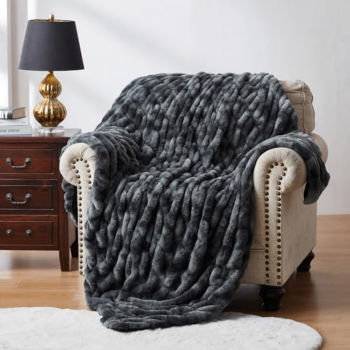 WDCOZY Ruched Faux Fur Throw Blanket Soft Cozy Fluffy Luxurious Blankets Couch Bed Sofa Chair Home Decor Warm Furry Fall Winter Plush Rabbit Fur Bubble Blanket 50" x 60", Charcoal Gray Dark Grey - color: Dark Grey, size: Throw (50" x 60")