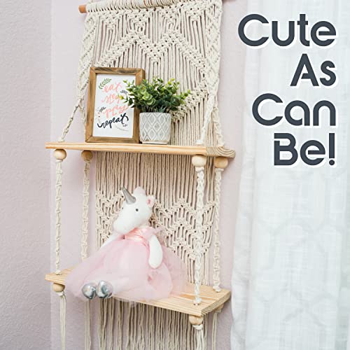 SnugLife 2 Tier Macrame Wall Hanging Shelf with Woven Rope - Boho Pine Wood Shelves for Plants, Bathroom, Kitchen - size: 2 Tier