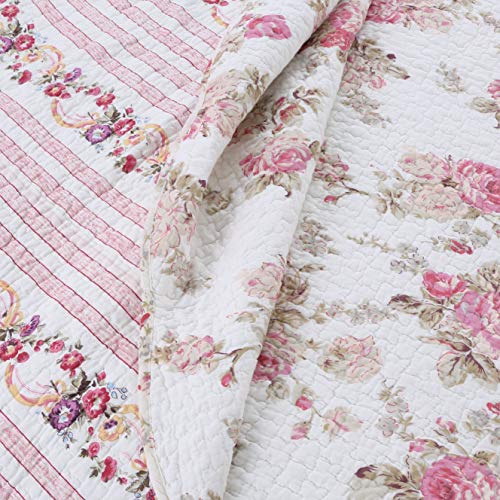 Cozy Line Home Fashions Josephine Spring Peony Pink Ivory Floral Shabby Chic Reversible 100% Cotton Quilted Throw Blanket 60" x 50" Machine Washable and Dryable (Peony) - color: Peony