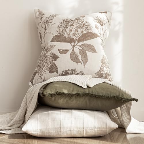 Foindtower Set of 2 Linen Floral Vintage Throw Pillow Covers Neutral Accent Decorative Cushion Covers Farmhouse Boho Home Decor for Sofa Chair Couch Bedroom Living Room,18×18 Inch,Light Brown - color: Light Brown, size: 18" x 18" (Pack of 2)