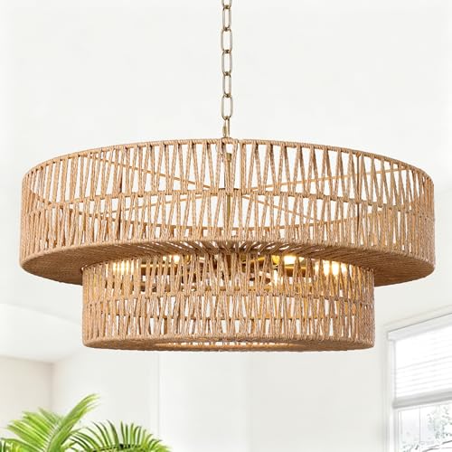 26 Inch Boho Rattan Chandelier, 6-Lights Hand Woven Bohemian Chandeliers with 2-Tier Drum Wicker Shade, Modern Farmhouse Large Pendant Light Fixture for Dining Room Living Entryway Bedroom - color: Gold Metal, size: 26 Inch
