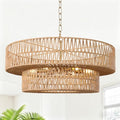26 Inch Boho Rattan Chandelier, 6-Lights Hand Woven Bohemian Chandeliers with 2-Tier Drum Wicker Shade, Modern Farmhouse Large Pendant Light Fixture for Dining Room Living Entryway Bedroom - color: Gold Metal, size: 26 Inch