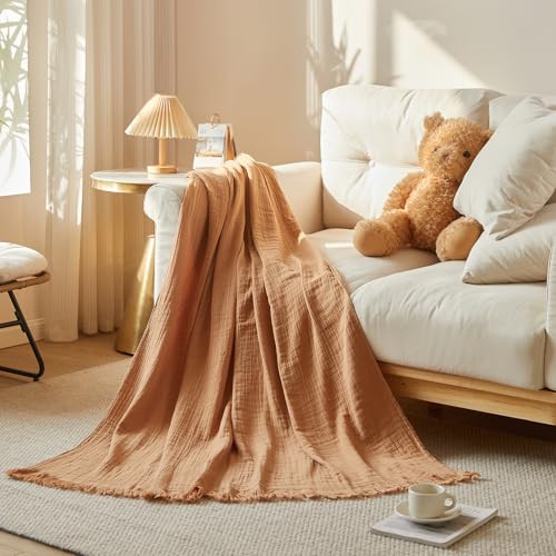 Cotton Muslin Throw Blanket with Tassels, Lightweight Woven Gauze, Pre-Washed Breathable Farmhouse Decor for Bed, Couch, All-Season Use (Tan, 50" x 60") - color: Tan, size: 50" x 60"