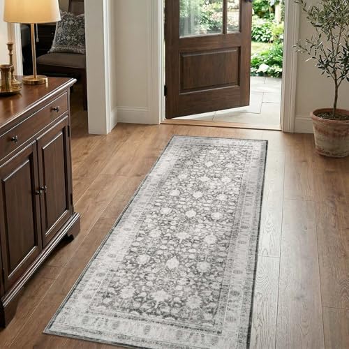 jinchan 2x5 Washable Vintage Runner Rug, Distressed Traditional Floral Hallway Runner, Soft Low-Pile Non-Slip Floor Mat for High-Traffic Kitchen Entryway Laundry Room Bathroom Vanity, Grey - color: Oriental Grey, size: 2' x 5' (Runner)