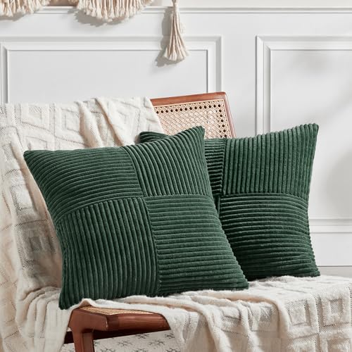 Fancy Homi Set of 2 Dark Green Samll Decorative Throw Pillow Covers 12x12 Inch for Living Room Couch Bed, Boho Farmhouse Forest Green Home Decor, Soft Corss Corduroy Patchwork Textured Cushion Case - color: Dark Green, size: 12" x 12" (Pack of 2)