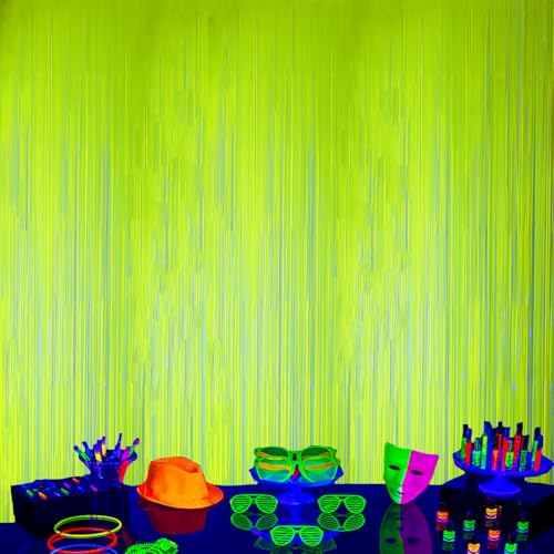 DECOCKRAT 2 Pack Foil Fringe Backdrop - Fluorescent Yellow Shiny Tinsel Curtains for Party Decoration/Photo Booth Props - 3.3x6.6 FT Metallic Foil Backdrop for Birthday, Wedding, Graduation, Christmas - color: Fluorescent Yellow