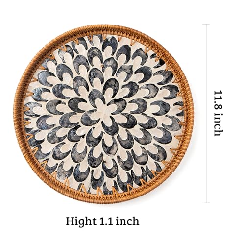 Round Rattan Tray with Mother of Pearl Inlay, Decorative Wicker Serving Tray with Wooden Base, Woven Basket Trays for Bread Fruits Coffee, Plume - color: Plume