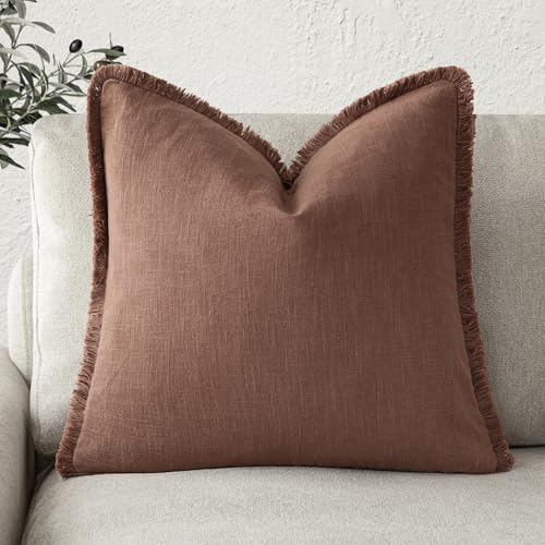 Foindtower Decorative Linen Fringe Throw Pillow Covers Cozy Boho Farmhouse Cushion Cover with Tassels Soft Accent Pillowcase for Chair Sofa Bed Living Room Home Decor, 16×16 Inch,1PC,Rust Red - color: Autumn Glaze, size: 16" x 16" (Pack of 1)