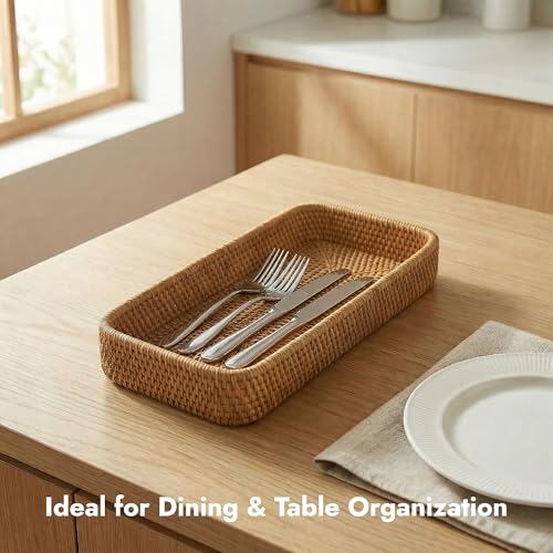 9.8" x 5.3" Rattan Tray, Wicker Decorative Tray, Woven Tray Rectangular, Natural Vanity Tray, Catchall Organizer Storage for Bathroom Kitchen Counter Entryway Coffee Bar Nightstand (Rectangular S) - color: Natural S (9.8×5.3×1.5")