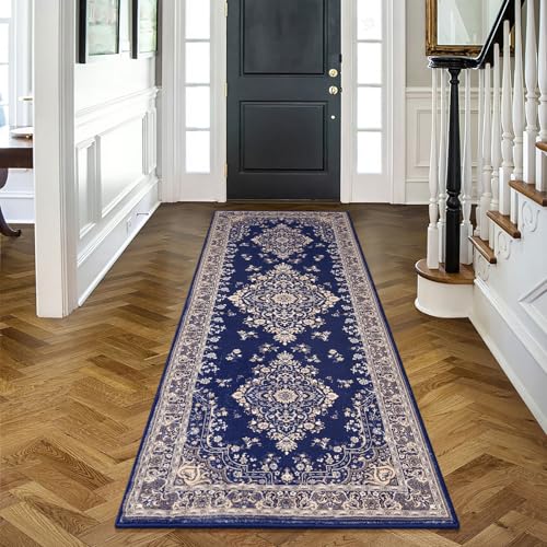 HOMORE 2x6 Runner Rug for Entryway Non Slip Washable Hallway Runners Rugs, Navy Bedroom Rug Faux Wool Floor Carpet for Kitchen Indoor Front Entrance Laundry Living Room Dorm - color: Navy Blue, size: 2' x 6' (Rectangular)