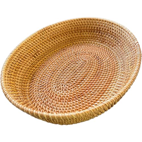 16Inch Tabletop Oval Rattan Fruit Serving Tray with 4" High Wall, Natural Brown Trapezoid Wicker Tray for Countertop,Woven Vanity Bowl Key Holder for Home Decor - color: Brown(15.7"x13.4x4")
