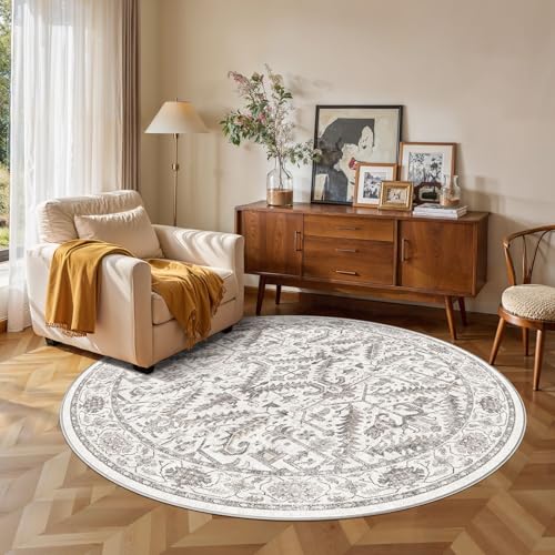 6ft Round Rug Living Room Area Rug - 6x6 Washable Circle Rugs Vintage Large Soft Non Slip Traditional Farmhouse Carpet for Bedroom Dining Room Office Indoor Floor Accent - White - color: White, size: 6' x 6'