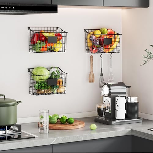 Wall Mounted Bin Basket with 5 Hooks 3 Label Plate Adhesive-3 Pack, Cabinet Hanging Metal Wire Basket,Rustic Farmhouse Decor, Storage Organization Shelf for Pantry Kitchen Bathroom 10.6*7.5*5.1inch - size: 3 Pack