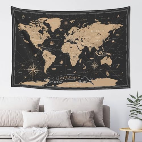 MOUNDHONG Retro World Map Black Tapestry Wall Hanging, Art Tapestry Retro Wall Art Large Wall Tapestries for Bedroom College Dorm Living Room Decor 50 x 60 in - color: World Map - 1, size: 50"L x 60"W
