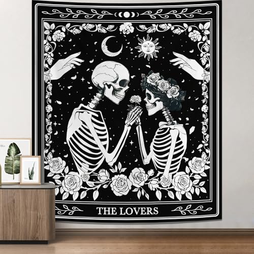 Tichgeim Skeleton Lovers Black and White Tapestry Wall Hanging, Gothic Witchy Lovers Skull Vertical Tapestries, Sun and Moon Flowers Card Wall Decor for Bedroom Living Room 51n × 60in - color: Gothic Lovers Tapestry, size: 60"L x 51"W
